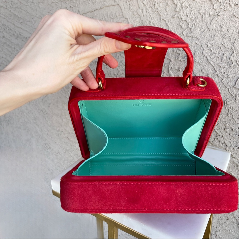 MEHRY MU Red Suede Fey Box Bag Classic Stitched Top Handle Crossbody Bag - Picture 10 of 15